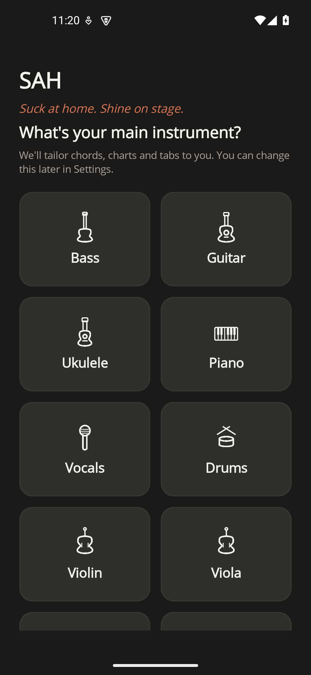 SAH instrument picker with custom line-art icons for bass, guitar, ukulele, piano, vocals, drums, violin and viola